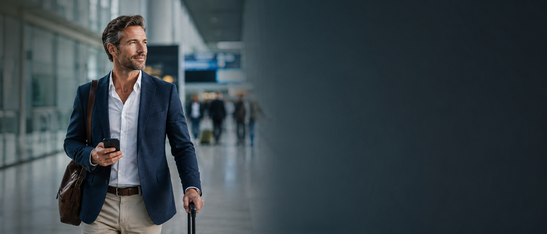 A traveler walking through an airport terminal